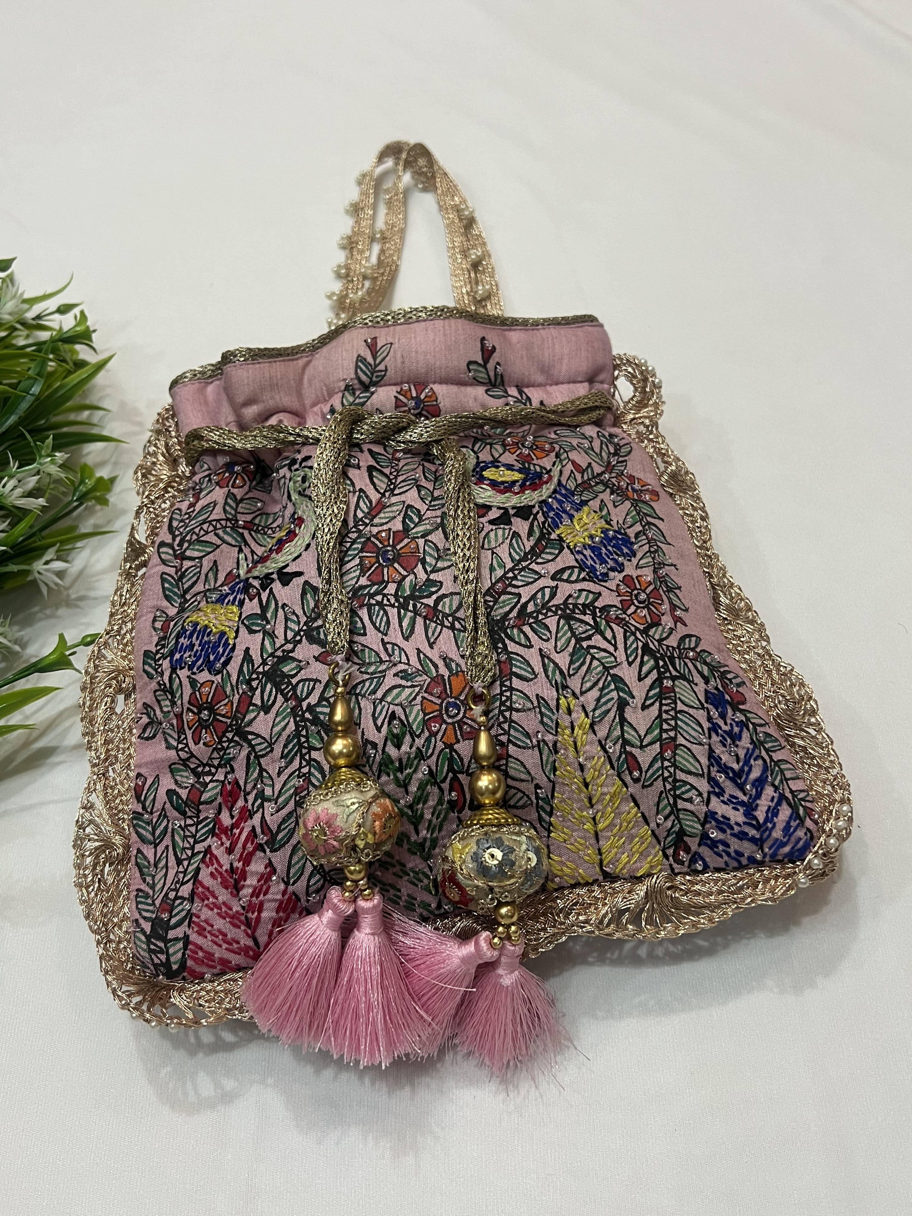 Hand-Painted Pink Potli with Madhubani and Sujni Hand Embroidery